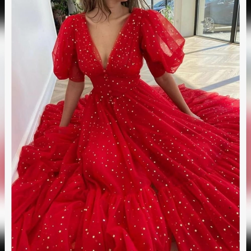 Red Sparkle Starry Tulle Puffy Sleeves Dress Prom, Formal, Gown Sz 2